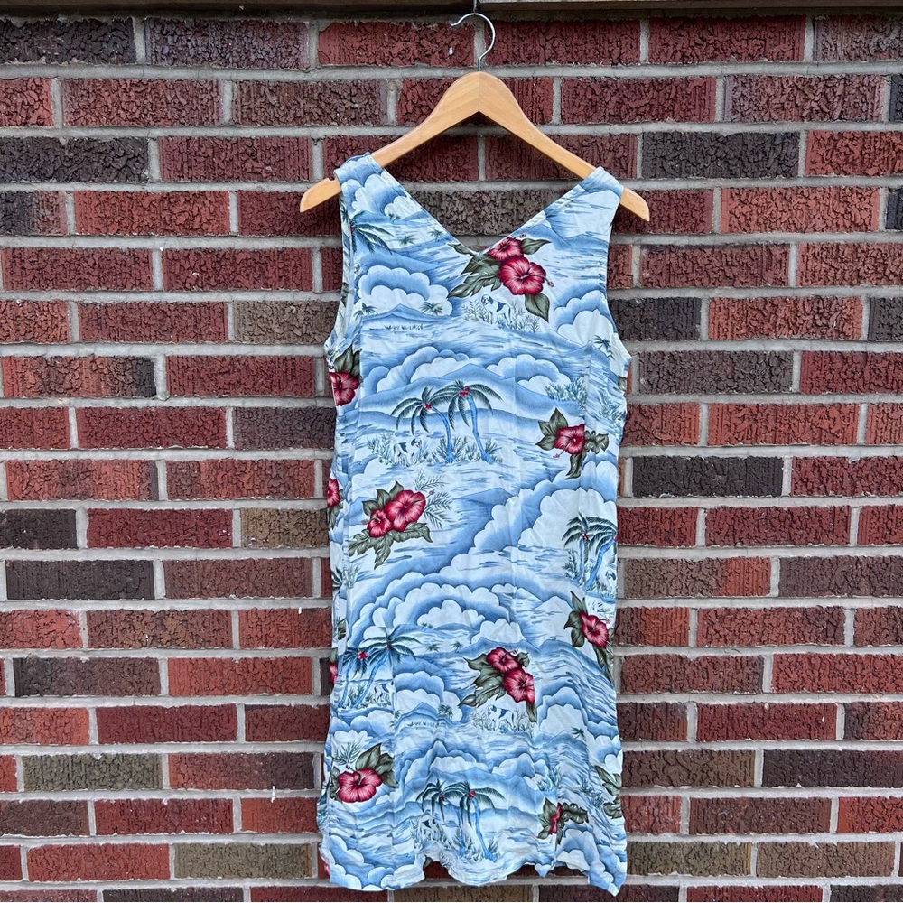 Big Dog Blue Pink and Cream Hawaiian Print Dog Print V Neck Sleeveless Dress